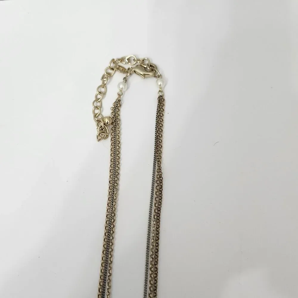 Chicos Necklace Gold Tone Chain Tassel White Acrylic Bead Faux Pearl Long